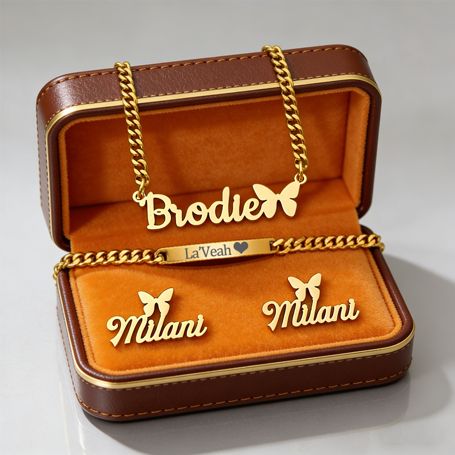 Engraved Name Necklace - Acheerup Personalized Name Necklace Bracelet Earrings