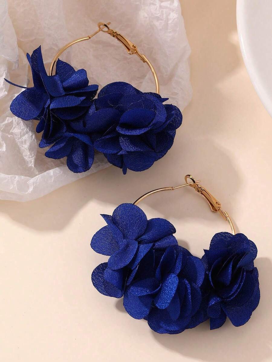 Hoop Earrings - Royal Blue Sheer Fabric Floral Cluster